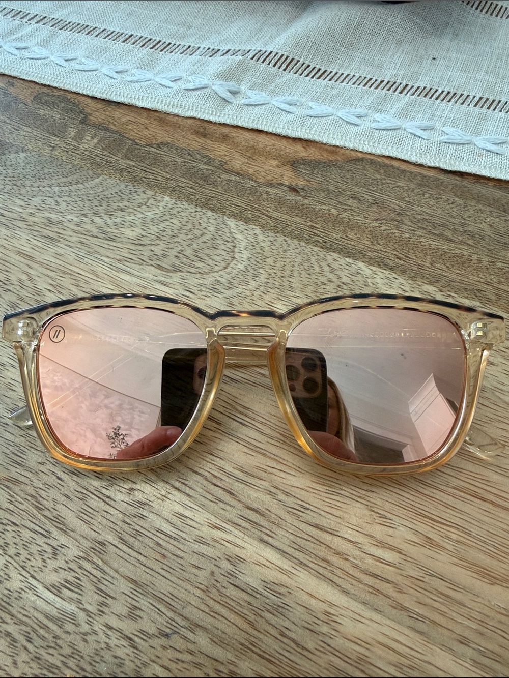 Translucent Amber Frame Sunglasses with Pink Mirrored Lenses